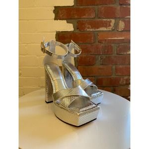 Good American Silver Snakeskin Block Heels with Square Toe